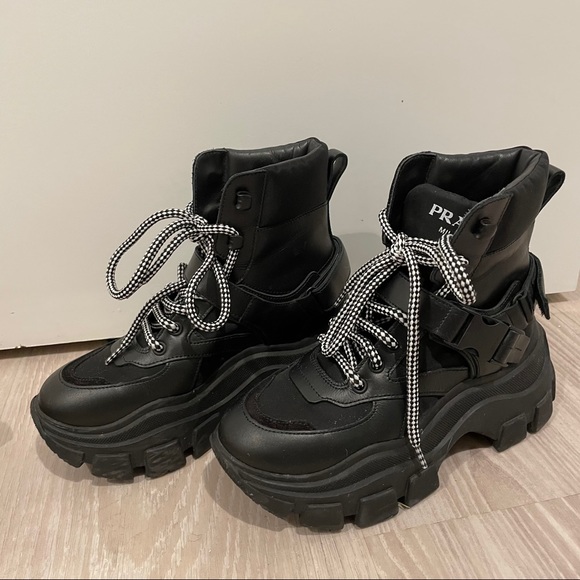 Prada Monolith Brushed Leather and Re-Nylon Boots with Pouch  Prada leather and nylon Iced Boots
